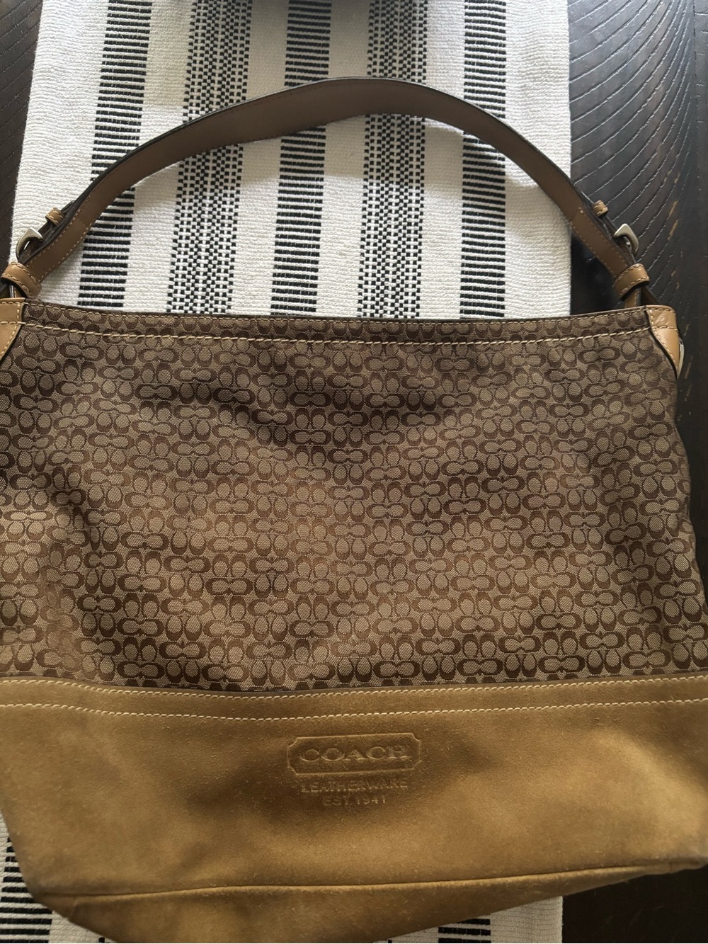 Coach Brown Signature Canvas Hobo with Suede Trim
